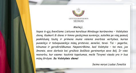 LR Seimo nario Liudo Jonaičio sveikinimas